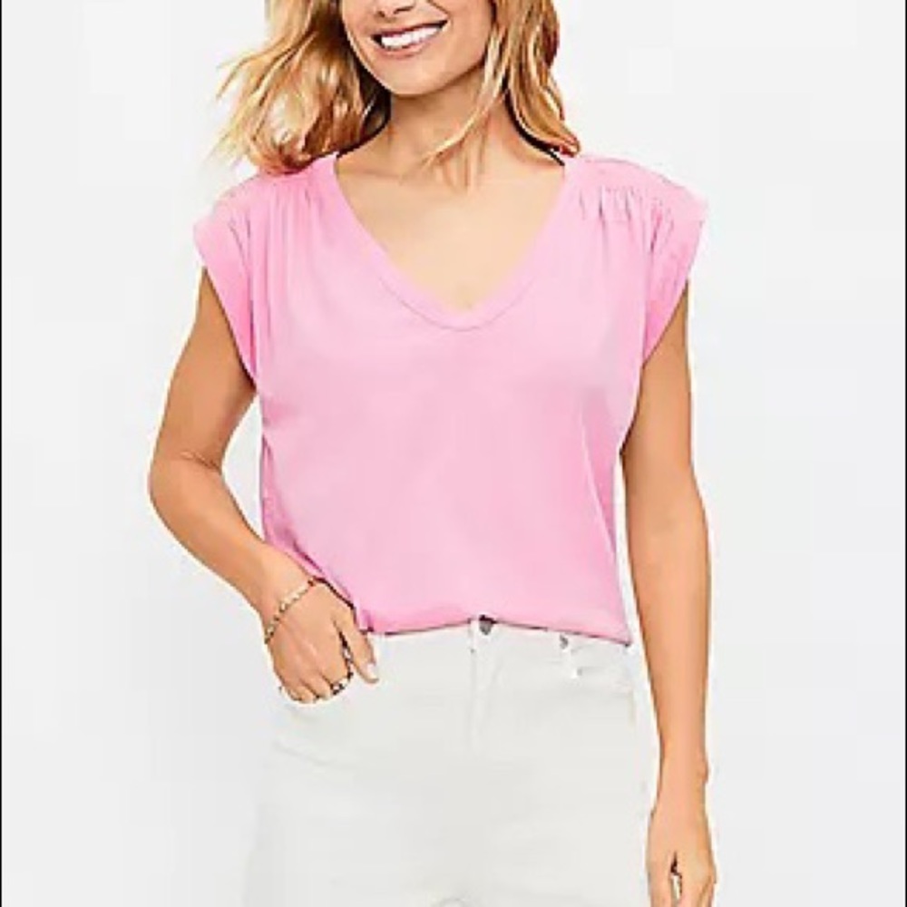pink smocked V-neck muscle tee - LOFT